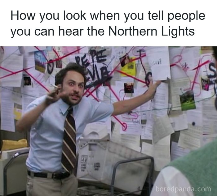 A man points frantically at a wall covered in papers and red string, illustrating a hilarious Alaska meme.