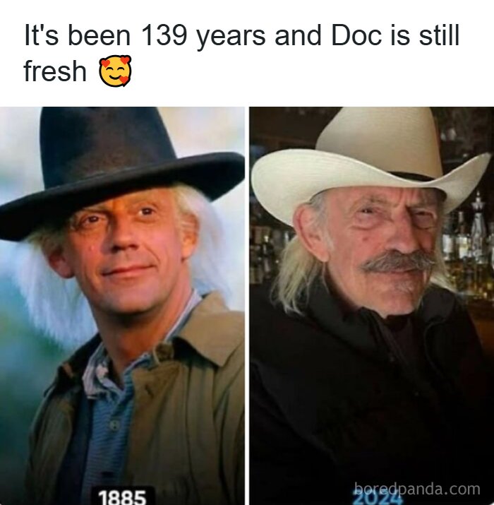 Side-by-side images of a man as Doc Brown from the ’90s and in 2024, showcasing nostalgic memes from the ’90s.