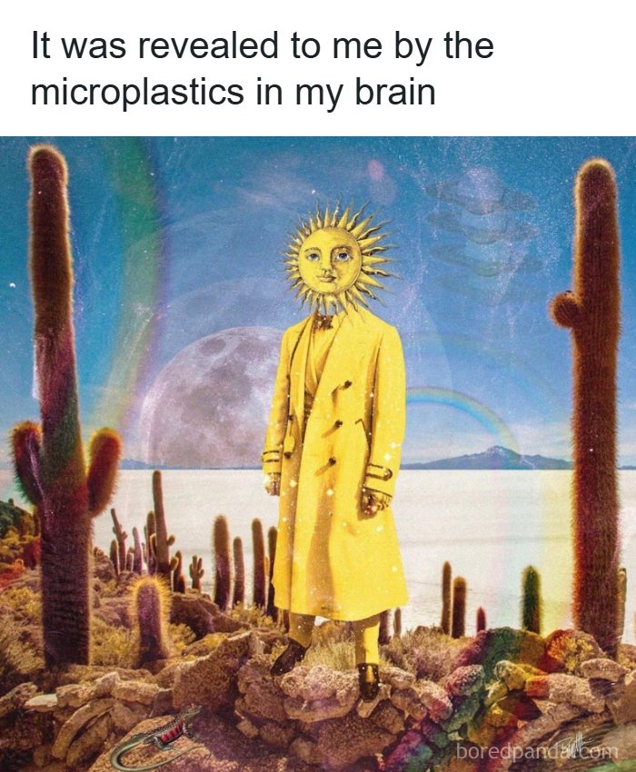Surreal figure with a sun face in a yellow coat stands among tall cacti in a desert, a confusing unhinged image.