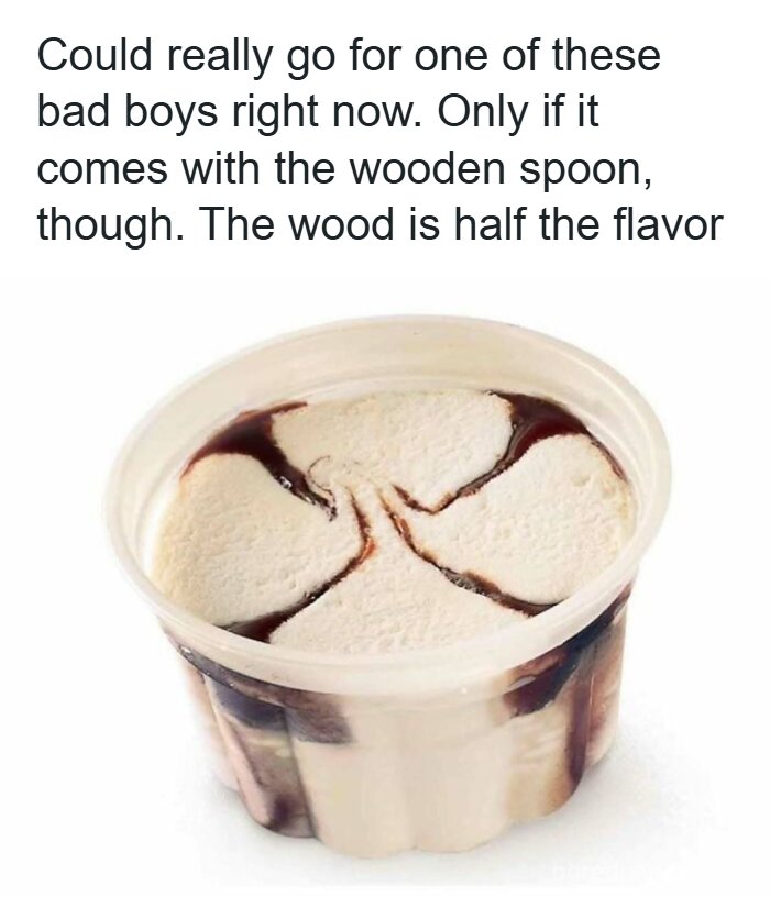 90s nostalgia meme featuring a chocolate swirl ice cream cup referencing childhood treats with a wooden spoon.
