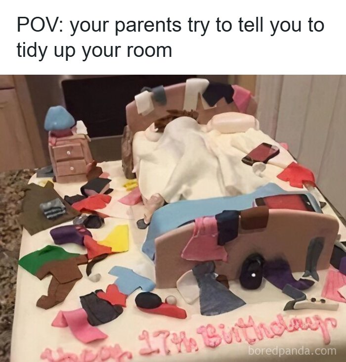A messy bedroom cake with clothes scattered everywhere illustrating funny memes about paying for the internet.