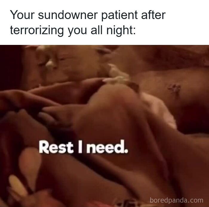 Yoda peacefully sleeping with caption about sundowner patient, highlighting funny healthcare memes for laughter.