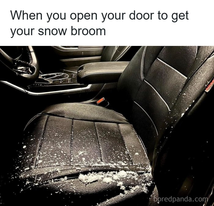 Hilarious memes show a car's black leather seat covered in snow, illustrating what it's like living in Alaska.