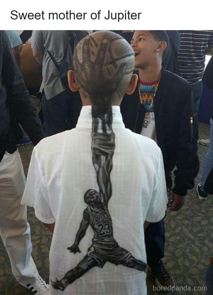 A boy with a Michael Jordan haircut and shirt. This unhinged pic is hilarious. It makes absolutely no sense.