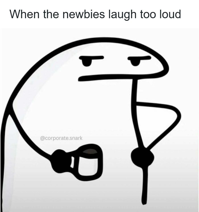 Cartoon character with coffee mug looking annoyed, relatable work meme about surviving another meeting at the office.