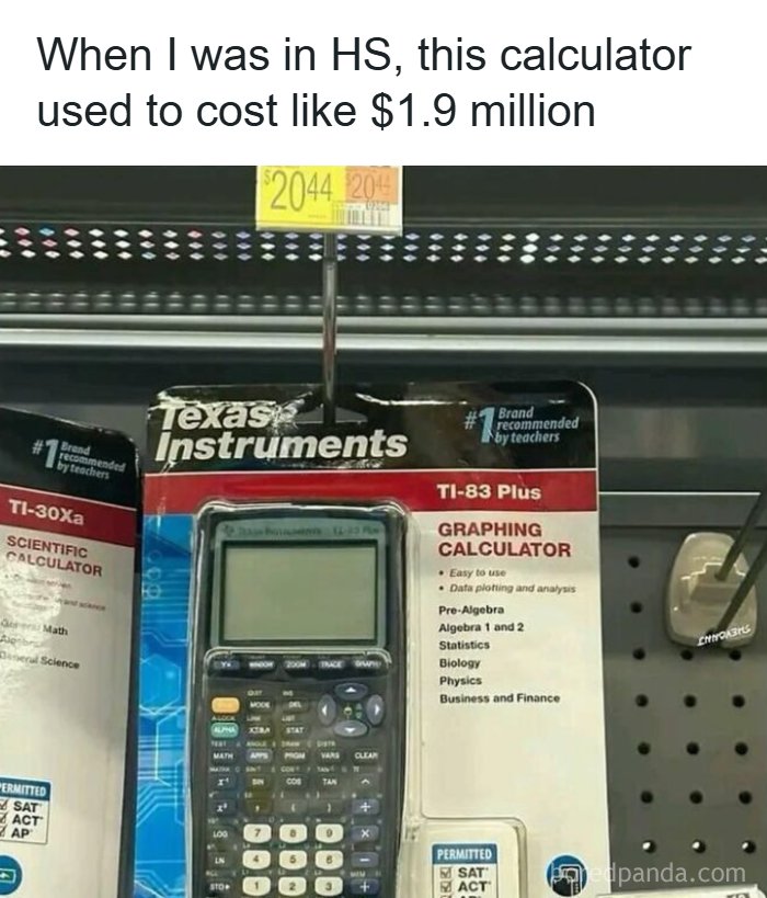 90s meme showing a vintage Texas Instruments graphing calculator with nostalgic price exaggeration joke.