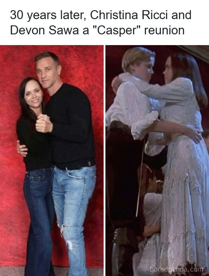Christina Ricci and Devon Sawa reunion photo paired with a nostalgic ’90s movie dance scene meme.