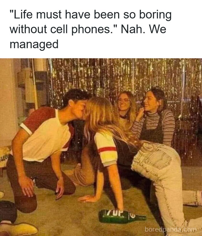 90s memes nostalgic photo of teenagers kissing and hanging out without cell phones in a retro party setting