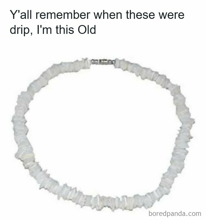 90s nostalgia necklace meme showing a vintage white shell choker symbolizing 90s style and memories