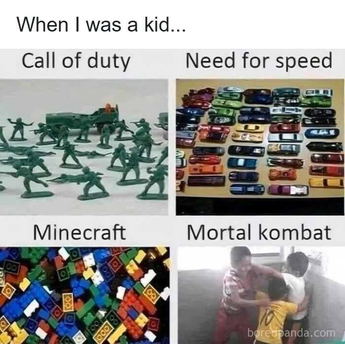 90s memes featuring toy soldiers, toy cars, building blocks, and kids play fighting for nostalgia ride.