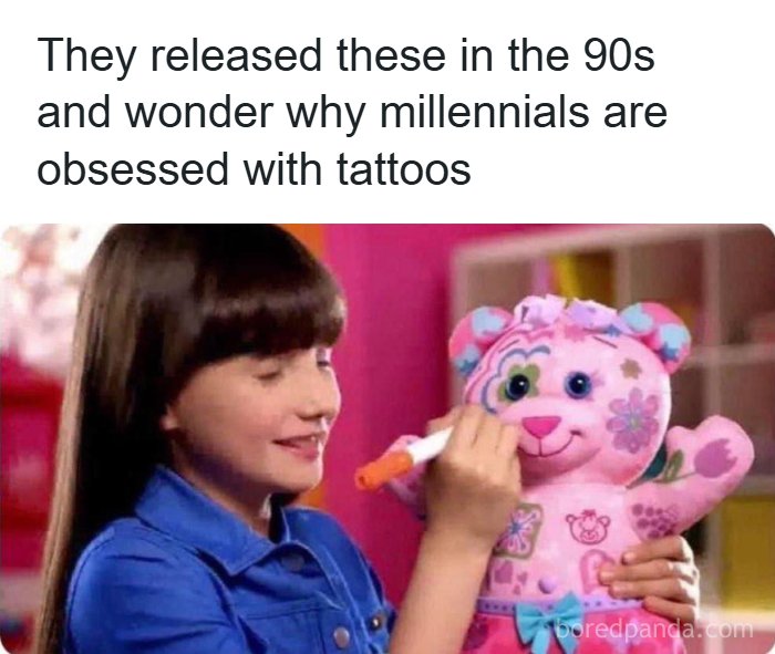 Girl drawing on a 90s pink teddy bear toy, highlighting nostalgia with popular 90s memes and cultural references.