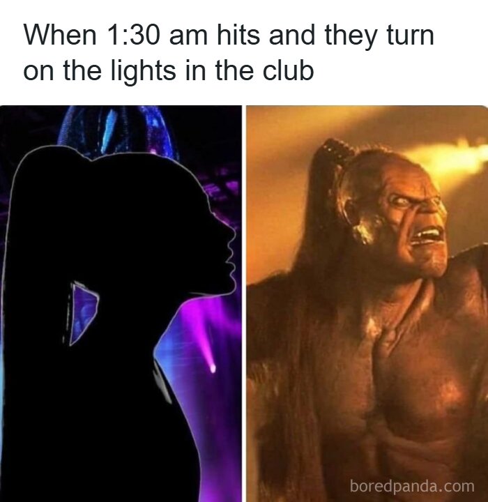 Silhouetted woman turning into fierce orc character as club lights turn on, a 90s memes nostalgia ride moment.