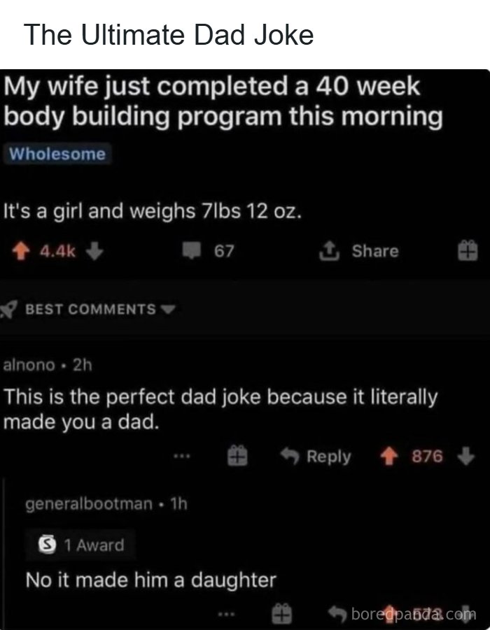 A funny Reddit post showing dad humor, featuring a dad joke about a wife's 40-week body building program resulting in a baby.