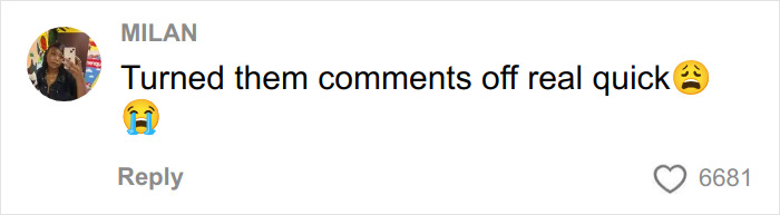 Comment from Milan with emojis expressing sadness and crying, reacting to a glamorous white influencer post deletion after fans noticed issues.