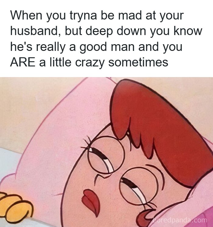 Cartoon woman lying in bed with a funny expression, capturing romantic relationships in a hilarious meme.