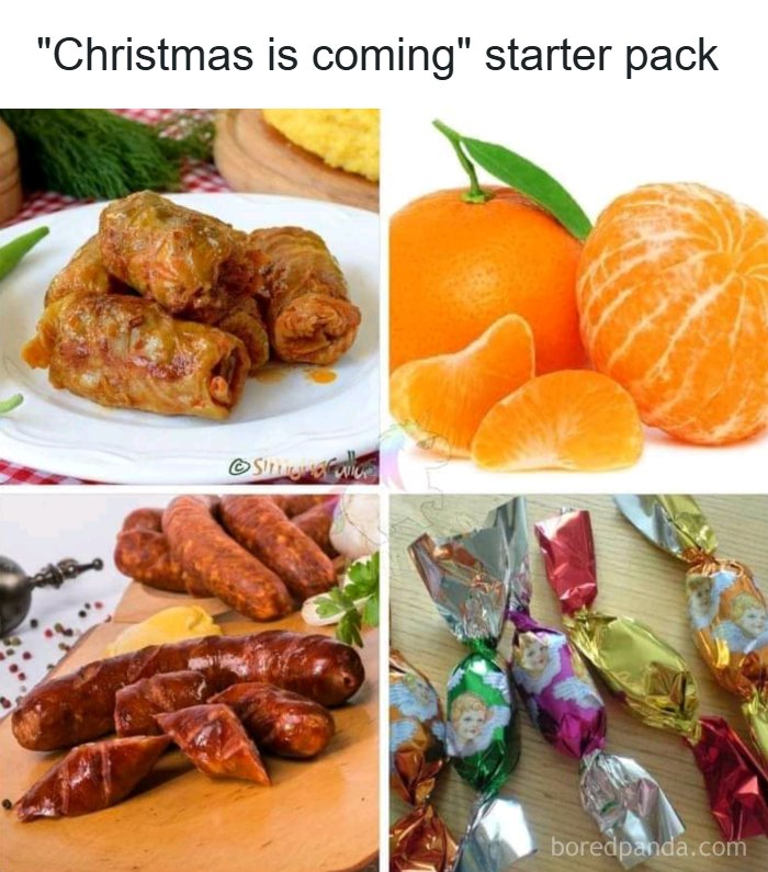Eastern European memes starter pack featuring traditional foods like cabbage rolls, mandarins, sausages, and wrapped candies.