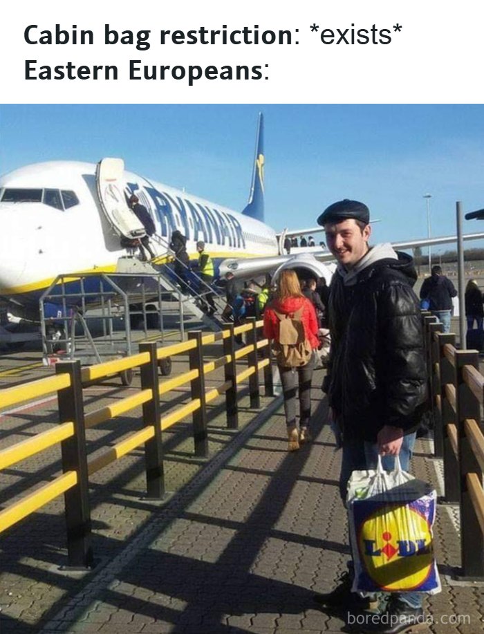 Man at airport holding large shopping bag instead of cabin bag, illustrating relatable Eastern European memes about travel restrictions.