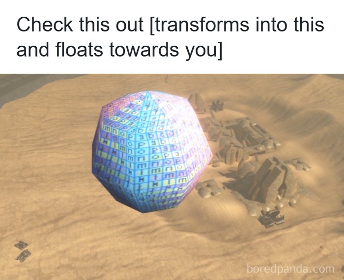 A floating, patterned polyhedral shape hovering over a desert landscape, showcasing a confusing and unhinged image.