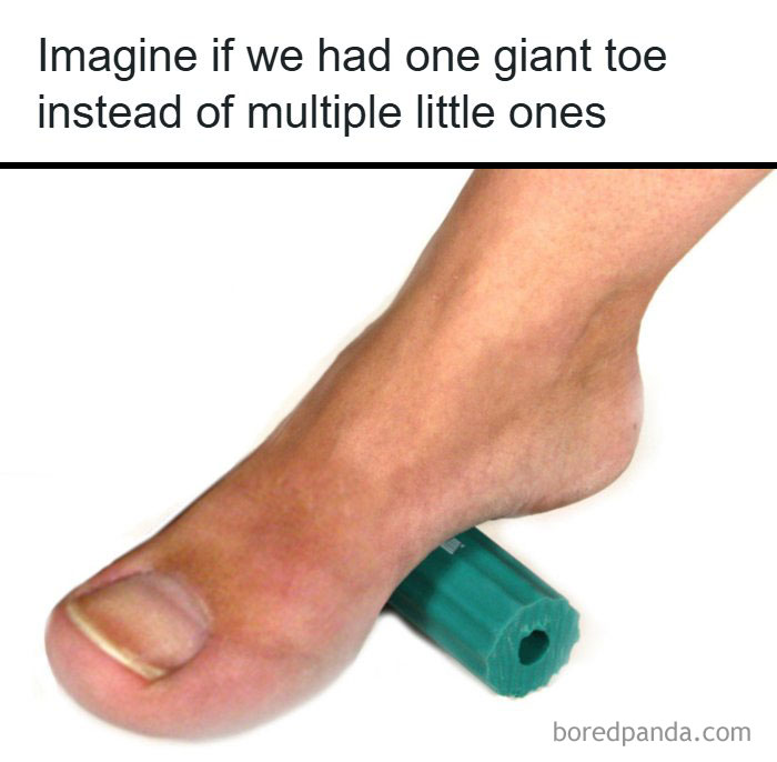 Foot with one giant toe resting on a green cylindrical object, a confusing and unhinged image where things get weirder.