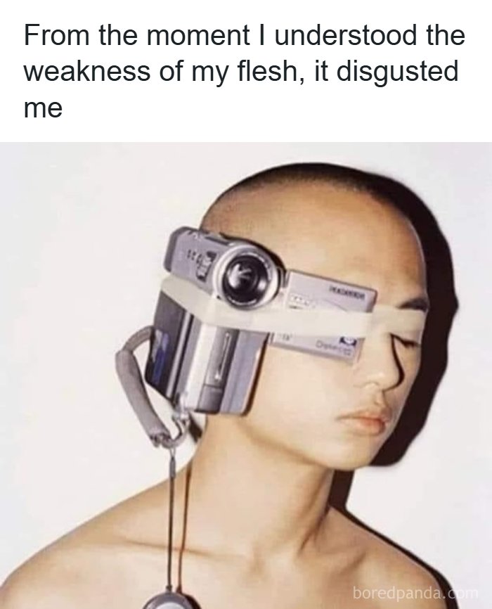 Person with a camcorder strapped to their face, illustrating one of the most confusing and unhinged images that get weirder the longer you look.