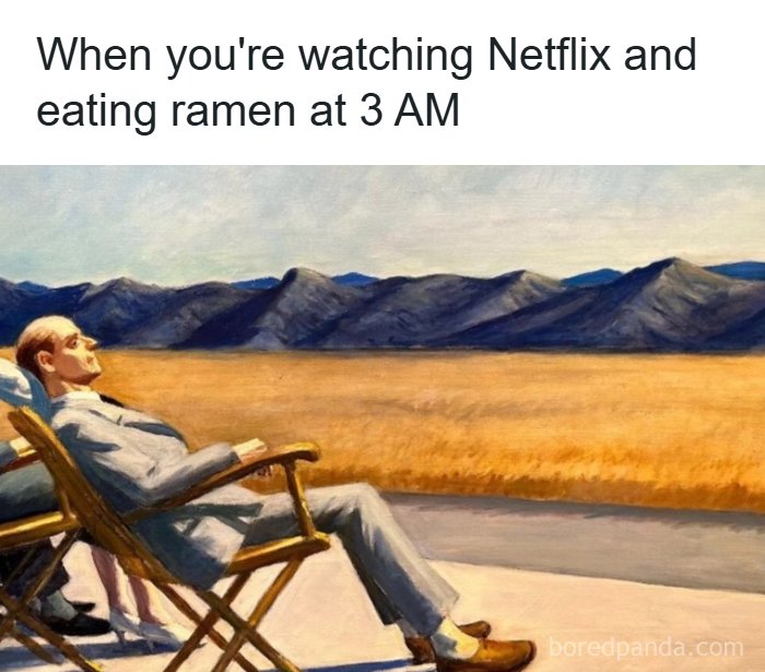 Man relaxing outdoors at night, watching Netflix and eating ramen, capturing internet meme humor and late-night habits.