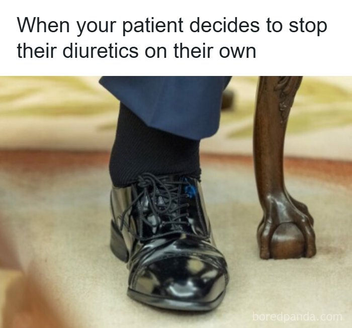 Close-up of a polished black dress shoe next to a wooden chair leg, illustrating a funny healthcare meme scenario.