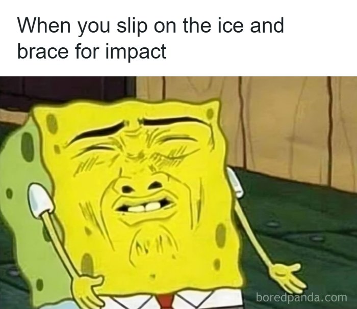 Spongebob's face contorted in pain and fear, eyes squinted shut. A hilarious meme describing living in Alaska.