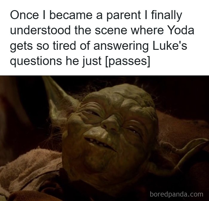 Yoda looking exhausted with closed eyes, relatable to dads experiencing parenting challenges and humor.