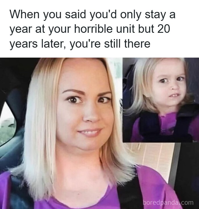 Woman and child making awkward faces, illustrating a funny healthcare meme about long-term work in a difficult unit.