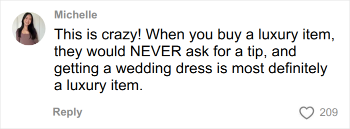 Comment from Michelle discussing refusal to tip for a wedding dress purchase, highlighting it as a luxury item.
