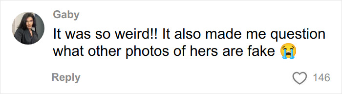 Comment from user questioning the authenticity of photos after glamorous white influencer deletes post noticed as off by fans.