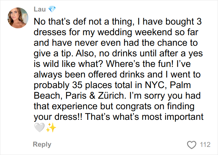 Comment from woman refusing to tip for wedding dress, sharing her experience and receiving support online.