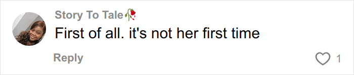 Comment on a social media post by a user named Story To Tale responding to an influencer situation, mentioning it is not her first time.