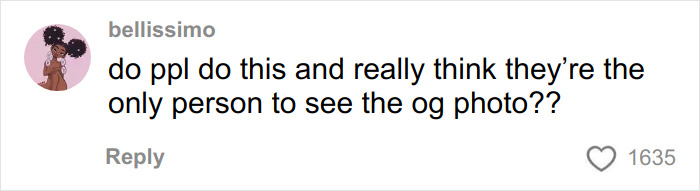 Comment on social media questioning the originality of a photo amid glamorous white influencer controversy.