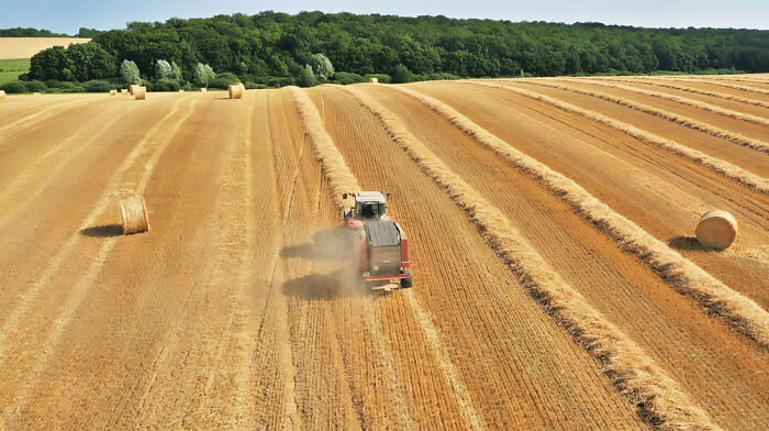 A red tractor baling hay in a golden field with straw bales, a satisfying picture for a gentle reset.