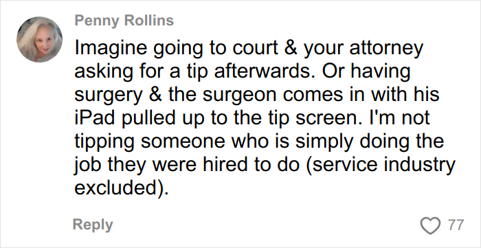 Screenshot of a social media comment refusing to tip for a wedding dress service, sparking internet debate.