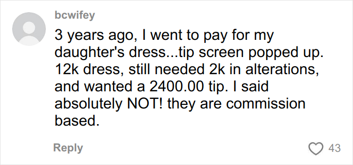 Comment on refusing to tip for a wedding dress purchase, sparking internet debate on tipping etiquette.