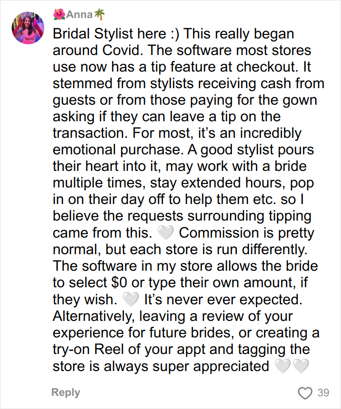 Comment from bridal stylist explaining wedding dress tipping practices, emotional purchase, and software tip options at checkout.