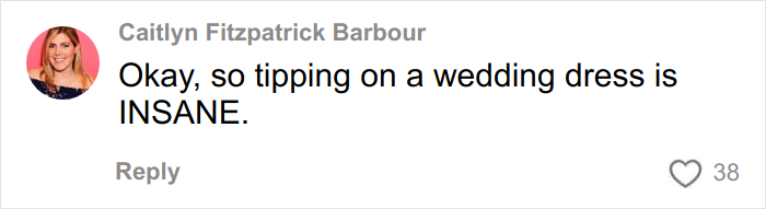 Screenshot of a social media comment saying tipping on a wedding dress is insane, reflecting refusal to tip debate.