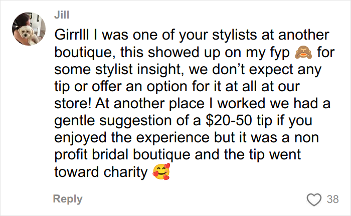 Comment about wedding dress stylist tipping expectations from a user on social media platform.