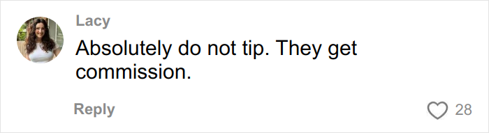 Screenshot of a comment from a woman refusing to tip for a wedding dress, sparking internet support for her decision.