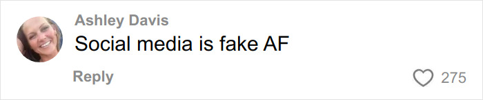 Comment from user Ashley Davis stating social media is fake, highlighting fans' reaction to a glamorous white influencer's post deletion.