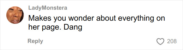 Comment on social media from user LadyMonstera expressing doubt about the glamorous white influencer after fans notice something is off.