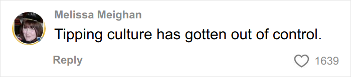 Comment from Melissa Meighan saying tipping culture has gotten out of control, related to wedding dress tipping debate.