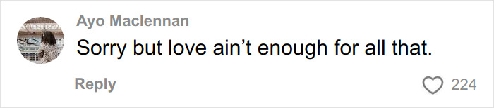 Comment on social media by Ayo Maclennan expressing doubt about love being enough in a devastated bride-to-be's fianc&eacute; crimes story.