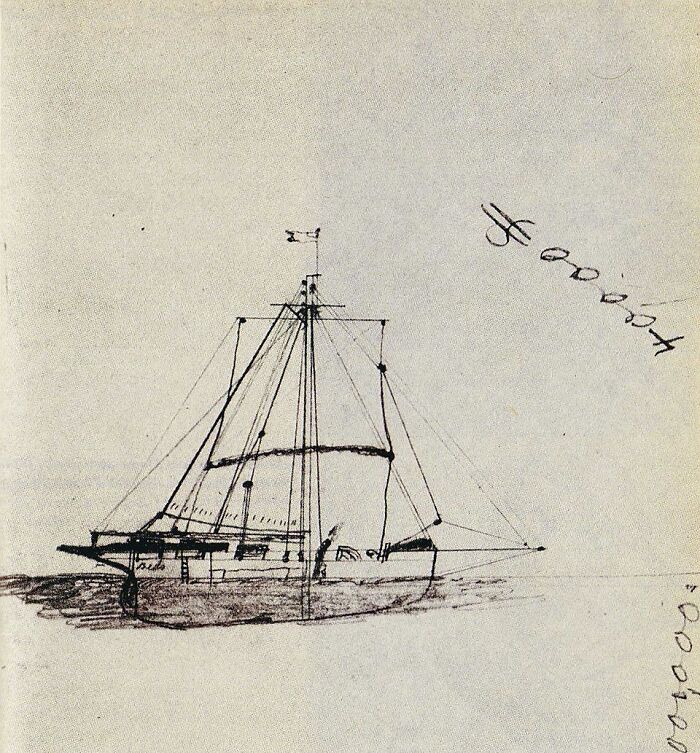 Sketch of an old sailing ship with detailed rigging lines, illustrating a horrifying historical fact about maritime history.