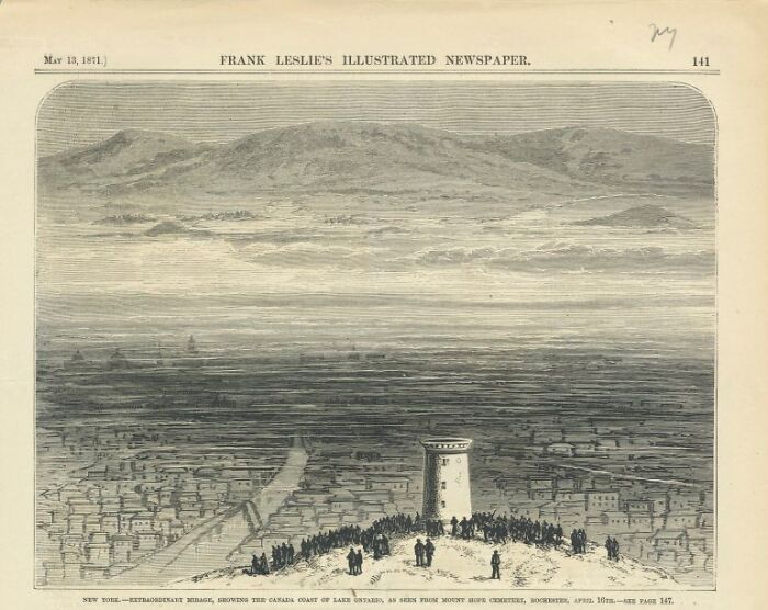 Vintage illustration showing a crowd at Mount Hope Cemetery overlooking the Canada coast of Lake Ontario, historical facts.