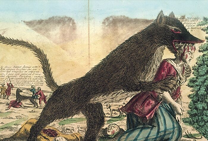 Vintage illustration of a mysterious wolf-like creature attacking a person, representing unexplained events and urban myths.
