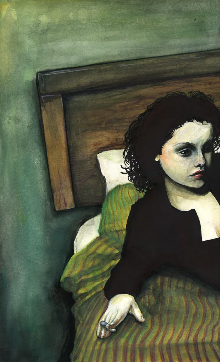Woman with dark curly hair lying on bed looking upset, illustrating tacky and distasteful wedding story themes.