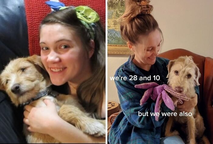 A woman with her pets, a dog, growing up alongside their owners. Left: younger, hugging a puppy. Right: older, holding the grown dog and a toy.